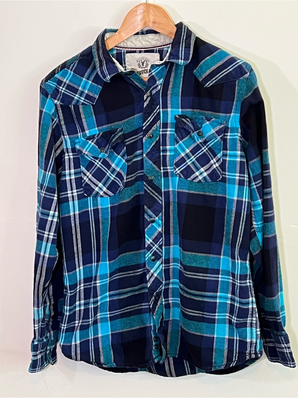 Rock & Republic Men’s Medium Plaid Western Snap Shirt Blue Turquoise